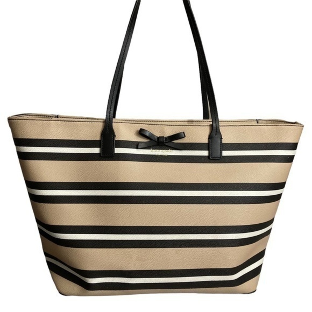 Kate spade Jules grant street beige black white striped tote bag with bow